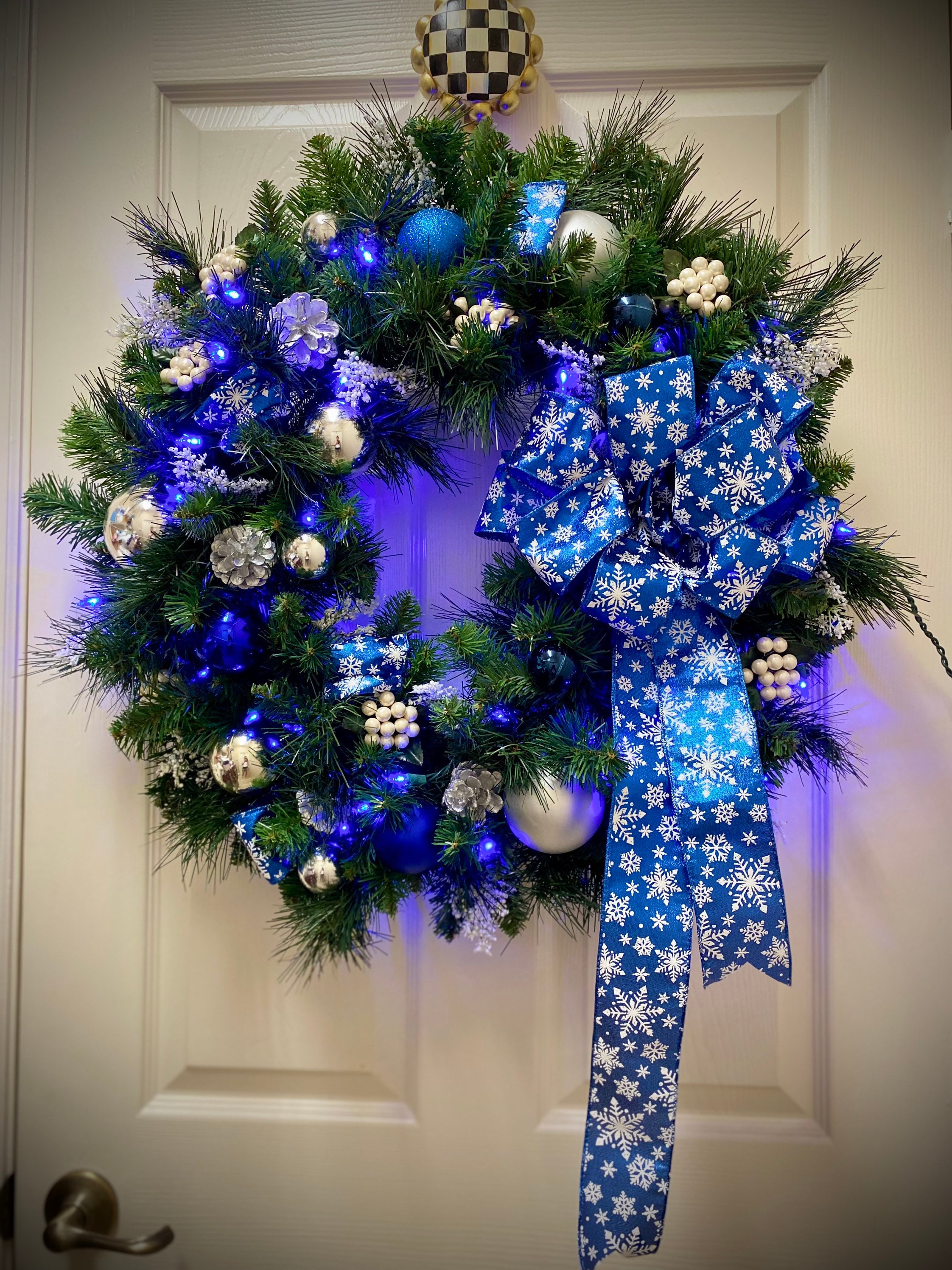 Blue and Blue Christmas Wreath With BLUE LIGHTS. Plug in Light. 24