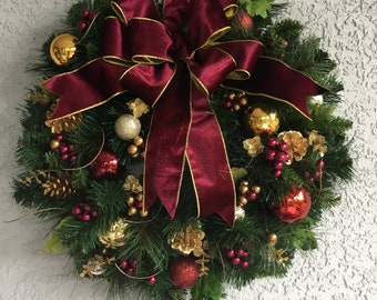 Burgundy Velvet Christmas Wreath, Cordless Timed Lights