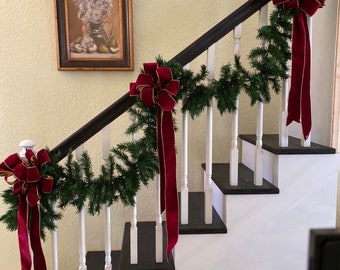 Holiday Staircase Bows, Set of 3, Red Velvet with Gold Trim
