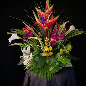Exotic Hawaiian Heliconia Arrangement. Artificial. Bird of Paradise, Purple  protea, Coral  Fan and Fabulous other Tropicals. 20”x13”round.