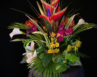 Exotic Hawaiian Floral Arrangement: Bird of Paradise, Protea, Calla Lily (20”x15”)