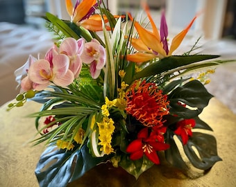 Silk Tropical Flower Arrangement, Bird of Paradise, Orchids, Monstera, Handcrafted Home Decor