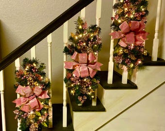 Pink Velvet Christmas Stair Swag Set, Pre-Lit Holiday Decoration,  Artificial.