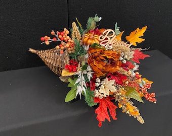 Fall Pumpkin  Cornucopia Centerpiece, Silk  Artificial Floral Thanksgiving Arrangement
