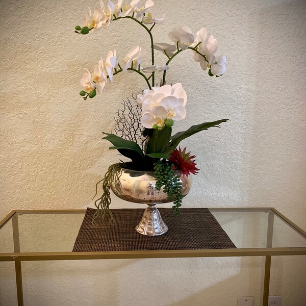 Orquídea, arreglo de orquídeas Phalaenopsis blanco perla, artificial, falso, pieza central, arreglo vegano de 27 "X15". 3tallos.