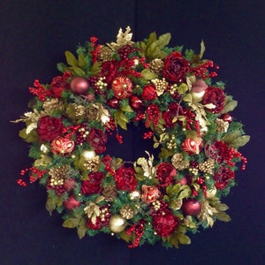 XL  36&quot; Red Christmas Wreath,Wreaths, Pre Lit LED Cordless Light, Ruby Red, Gold, Peony Mix. Artificial, Ever Lasting,  Burgundy, Elegant,