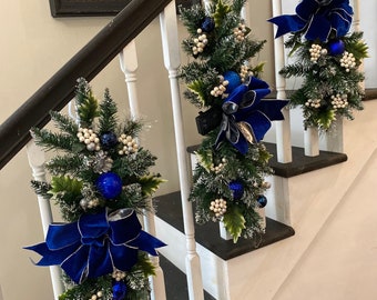 Luxury 3 pc Set Royal Blue Christmas Swag for Stairs,  Pre Lit with Automatic Timer Free Shipping,Artificial Vertical Swags.