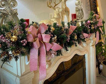 Pink Christmas  Luxury Garland, Elegant Bows 48 LED Light, Artificial  Cordless Light. Pre decorated. Pre lighted.