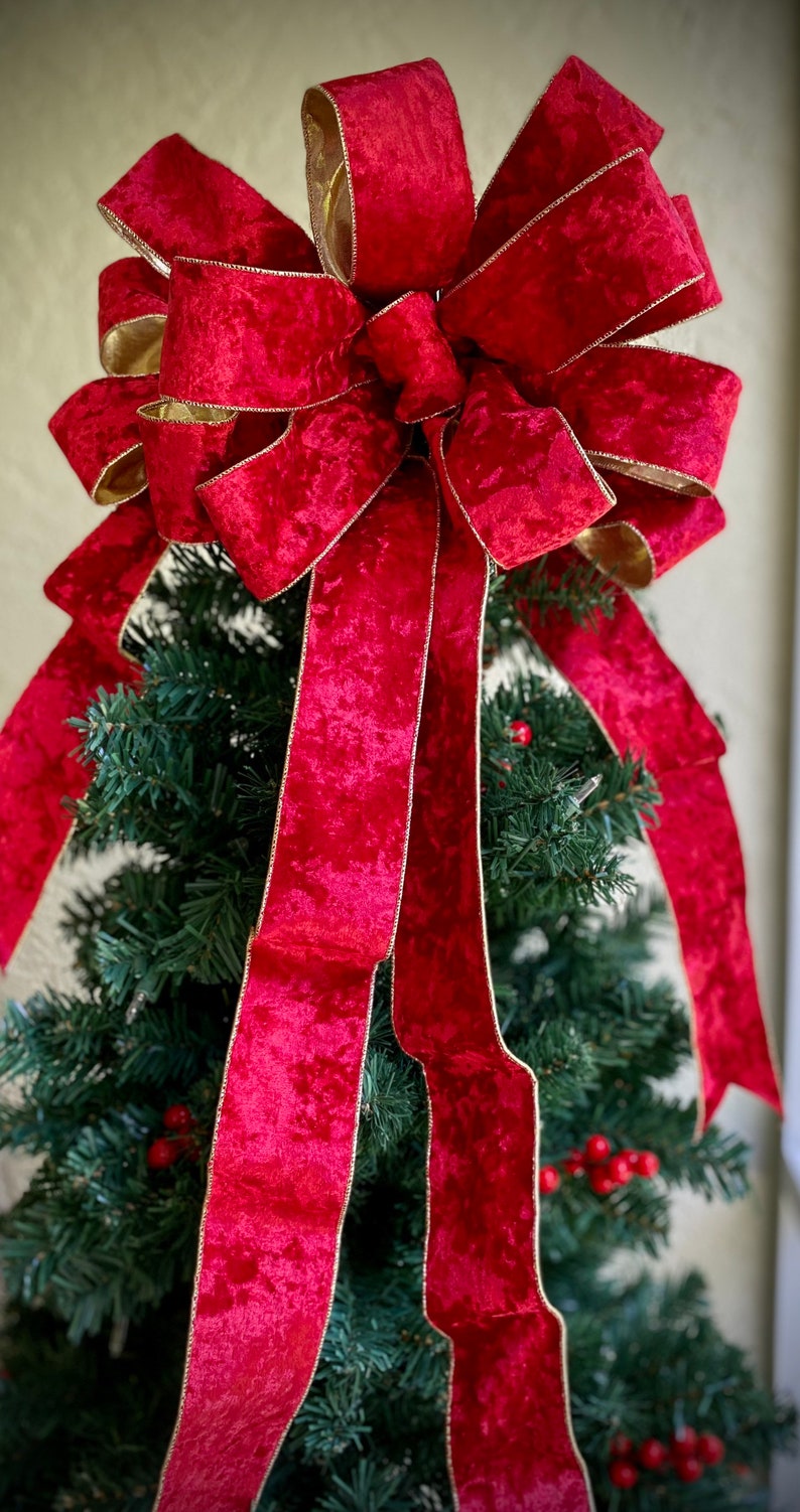 XL Christmas Tree Bow Topper, Red Velvet Gold Trim, Holiday Decor - Etsy