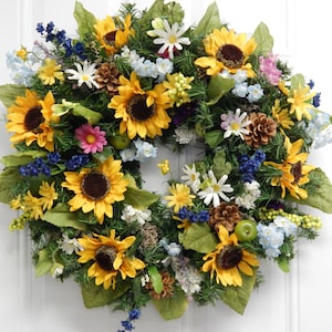 Spring Wreath, Summer Wreath, Sunflower Wreath, Mothers Day Wreath, Free Shipping. Yellow Wreath, Wreath, Wreath for doors.