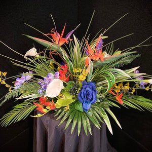 Long and Low Blue and Lavender accent. Long and Low 30&quot;w x1 3&quot;h   For Dining Table. Tropical Centerpiece. Bird of Paradise,Artificial.