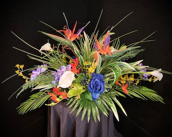 Long and Low Blue and Lavender accent. Long and Low 30"w x1 3"h   For Dining Table. Tropical Centerpiece. Bird of Paradise,Artificial.