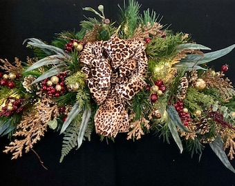 Luxury Christmas Swag with Leopard Ribbon, Eucalyptus & LED Lights