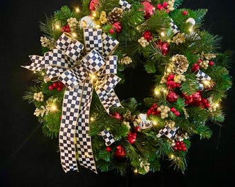 Luxury  Designer Ribbon Christmas Wreath,  Artificial Holiday Wreath for front door.  Elegant Christmas Decoration.Pre-lit  Timer LED,