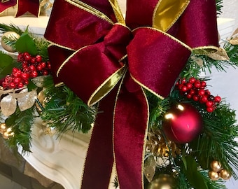 Christmas Garland. Elegant Burgundy Bow  with gold trimmings/ backing, Cordless, FREE SHIPPING,  48LED light cordless with timer,