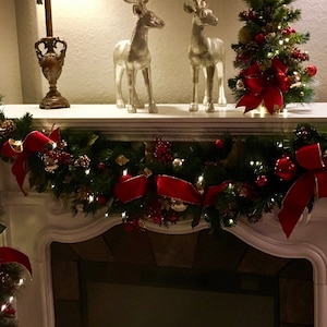 Christmas Garland. Enbedded  Red Velvet Ribbon, Cordless, Artificial, FREE SHIPPING,  50 LED light, Timer , 6 foot Garland,
