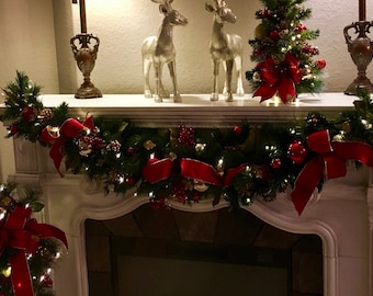 Red Velvet Christmas Garland, 6ft Cordless LED Garland with Timer