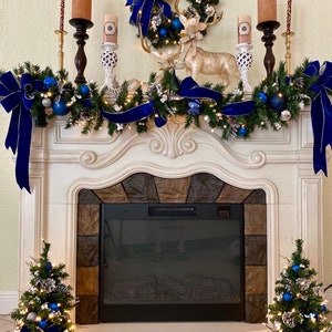 Set of 4pc,  Christmas Blue Velvet Wreath, Garland and 2 Topiaries. FREE SHIPPING. Cordless, Pre-lit,