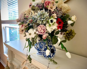 Artificial Floral Arrangement, Shabby Chic European Design in Blue Urn