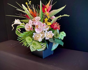 Artificial Tropical Arrangement: Bird of Paradise, Orchids in Black Cube (16" H)