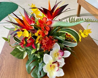 Gorgeous All Sided Tropical Centerpiece,  Bird of Paradise and White Cymbidium, Round, Arrangement, Artificial,  #White cymb