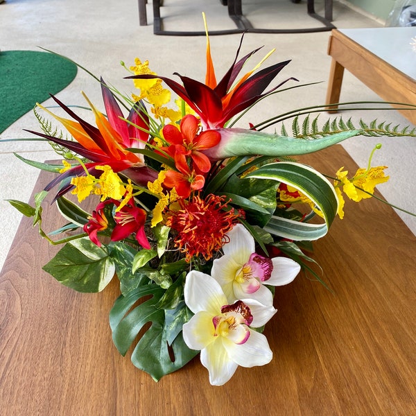 Gorgeous All Sided Tropical Centerpiece,  Bird of Paradise and White Cymbidium, Round, Arrangement, Artificial,  #White cymb