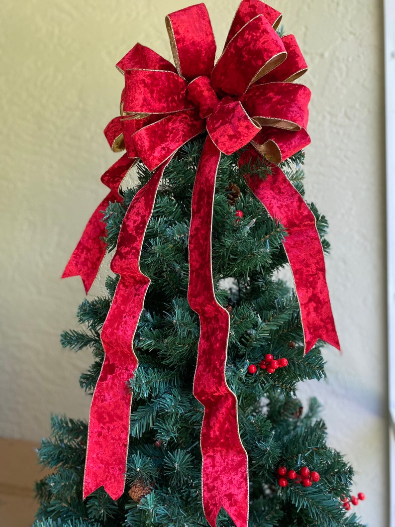 XL Christmas Tree Bow Topper, Red Velvet Gold Trim, Holiday Decor - Etsy
