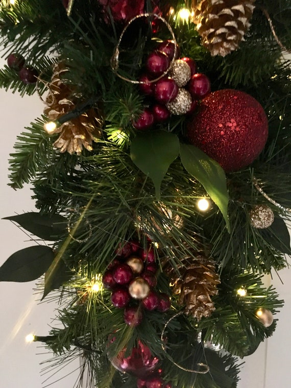 Wall Tree, Burgundy Velvet Ribbon Holiday Decor, Christmas Tear Drop Swag,  Wall Tree, Cordless Light With Timer. 