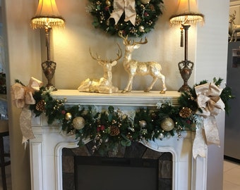 Classy Victorian Holiday Decor Set.  24 inch Wreath  48 and 96 cordless light with Timer set up. 6 feet Garland