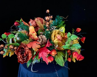 Beautiful Fall Centerpiece, Silk Floral Arrangement, FREE SHIPPING, Copper Peony and Pumpkins Arrangement
