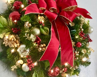 Red Velvet Christmas Wreath, Cordless LED Lights, 24 Inch