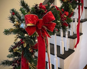Staircase Christmas Garland, Red Velvet Ribbon, Cordless with LED Lights