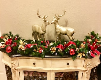 Red Velvet Christmas Garland, 5ft, 48 LED Lights with Timer