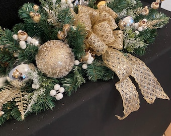 Elegant Mantle Centerpiece with Large Bow.  27 inches  FREE SHIPPING,  Artificial, 48 LED light with  Timer,