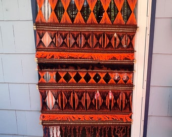 Beautiful Vintage Hand Woven Macrame Black and Orange Wall Hanging