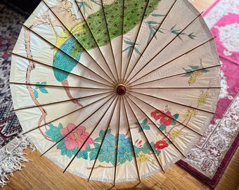 Vintage Rice Paper Hand Painted Chinese Umbrella