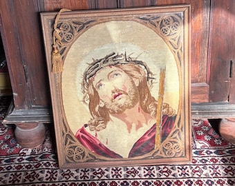 Breathtaking 1800’s Antique Embroidery Christ Framed