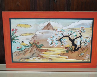 Vintage Hand Painted Artist Signed Wood Burned Painting Of Island Scenery