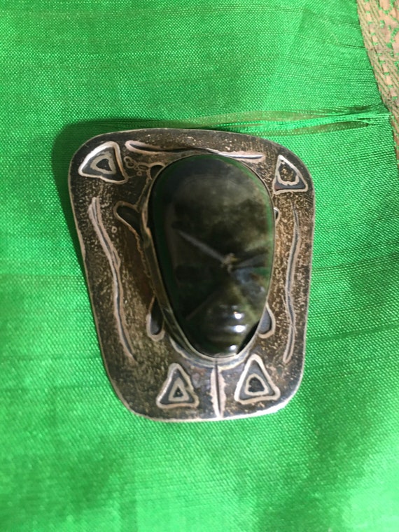 Vintage Carved Obsidian Aztec Mexican Silver 585 … - image 5