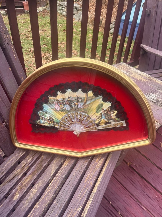 Beautiful Vintage Framed Spanish Fan With Depictio