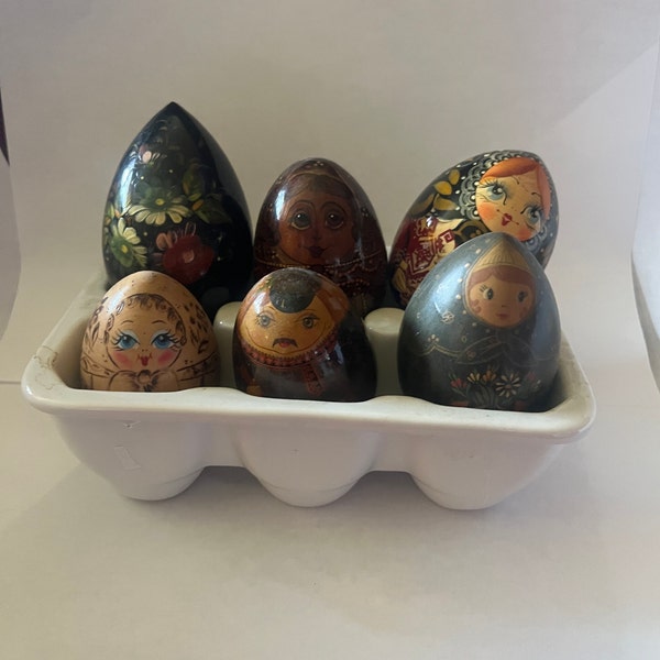Various Vintage Russian Hand Painted Wood Eggs