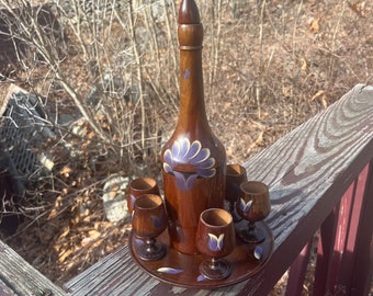 Vintage Hand Painted Wood Decanter Set with Cups
