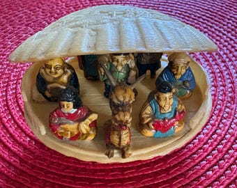Vintage Japanese Celluloid Clam Shell Diarama of the Seven Gods