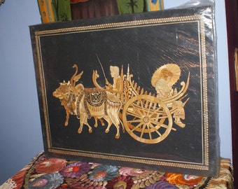 Wonderful Large Wood Reed Thai depiction of an Oxcart