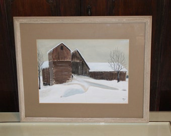 Vintage 1970s Era Hand Painted Artist Signed Winter Barn Scene