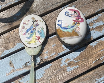 Wonderful Vanity Powder Container and Mirror with Japanese Motif