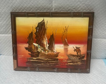 Spectacular Vintage Hong Kong Harbor Original Painting of Junk Boats