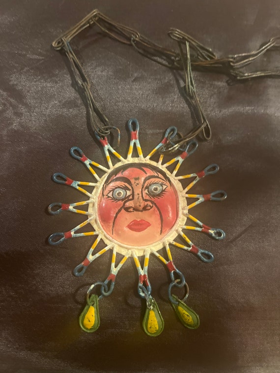 Spectacular Vintage Metal Art Necklace With Sun Fa