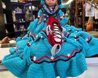 Handmade Crocheted Native American Doll with Papoose: 1980s Vintage