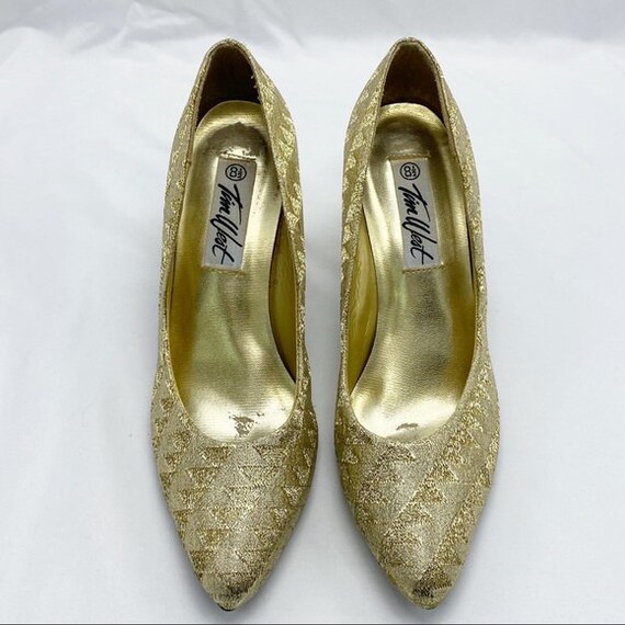 Vintage 80's Gold Lamee Brocade Fabric Heels Shoes